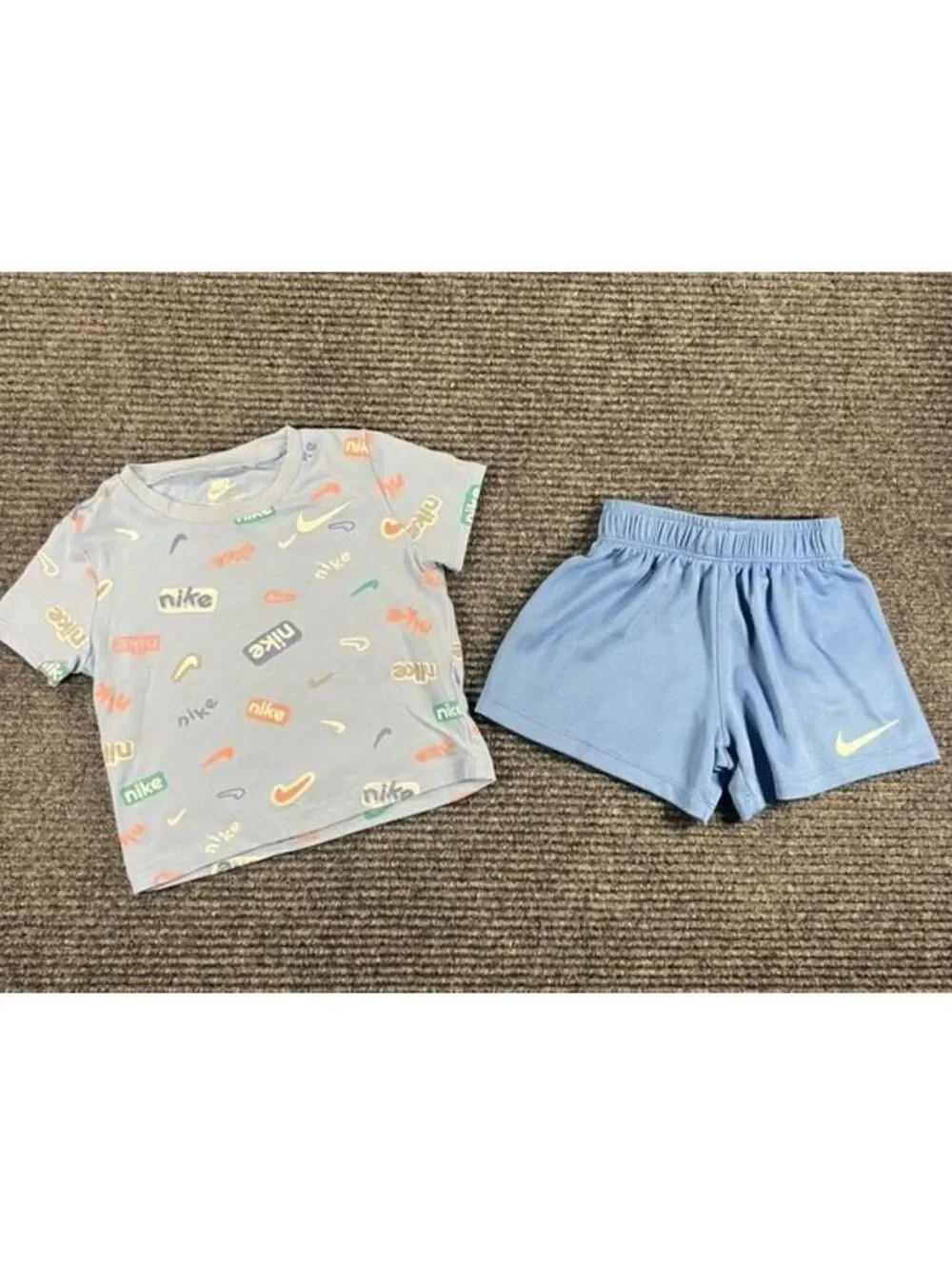 Nike Baby Boy 12M Blue Shorts and Multicolor Logo Baby Blue T-Shirt Set